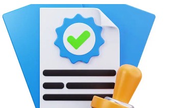 "신용보증재단의 보증서 발급 승인을 상징하는 체크 표시와 도장이 찍힌 문서 아이콘"