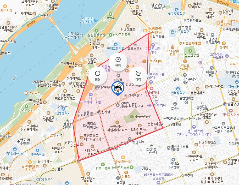 강남 신사역 및 논현역 인근 주요 상권 분석 지도 - 점포라인 윤정림 팀장의 스터디카페 입지 및 상가 권리금 산정을 위한 데이터 분석 시각화 자료