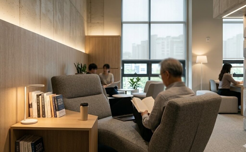 "은은한 간접 조명과 편안한 1인용 소파가 갖춰진 프리미엄 스터디카페 라운지의 휴식 공간 전경" 스터디카페 창업의중요 요소