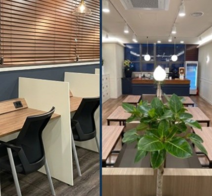 스터디카페 인테리어 디자인 - 집중형 포커스 존과 개방형 카페 라운지의 공간 분리 사례 [cite: 2026-03-04]