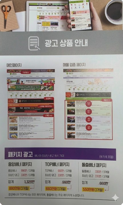 점포라인 광고 상품 노출 위치 안내 - 메인페이지 TOP배너, 스페셜 AD 및 매물 업종 페이지 최상단, 중간, 하단 광고 위치 예시 이미지