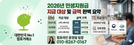 2026년 민생지원금 지급 대상 및 금액 요약 인포그래픽 - 소득 하위 70% 최대 60만원 지원 및 정부24 조회 방법 안내 (점포라인 윤정림 팀장 010-8267-0167)