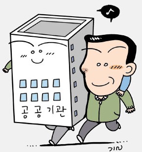 상가 양도양수 시 관할 공공기관을 방문하여 영업자 지위 승계를 진행하는 모습 일러스트