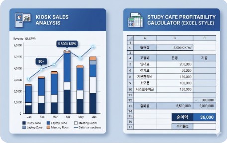 스터디카페 권리금 산정을 위한 엑셀 수익률 계산 및 키오스크 매출 분석 표