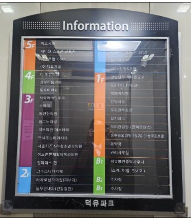 "안양 호계동 덕유파크 빌딩의 층별 안내도. 내과, 소아과, 치과, 한의원 등 10여 개의 다양한 병원과 학원, 스터디카페가 입점해 있는 복합 상가 건물의 모습"