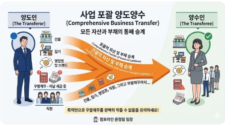 점포라인 윤정림 팀장이 설명하는 사업 포괄양도양수 개념도. 양도인에게서 양수인으로 건물, 집기, 영업권뿐만 아니라 미납 세금과 같은 우발채무까지 통째로 승계되는 리스크를 시각화한 인포그래픽.