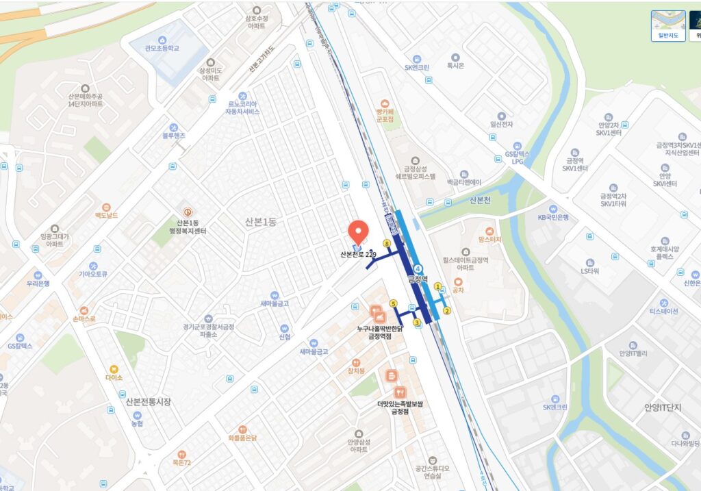 "군포 금정역 1, 4호선 환승역 인근 핵심 상권에 위치한
금정역 한식당 양도양수 매물 지도"