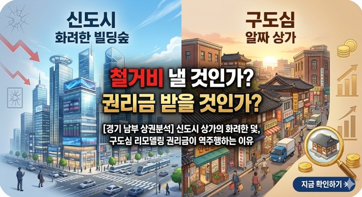 경기 남부 상권분석 신도시 상가의 높은 관리비와 대비되는 구도심 리모델링 상가의 권리금 가치 분석 그래픽