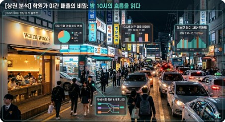 점포라인 윤정림 팀장이 분석한 오피스 상권과 학원가 상권의 유동 인구 및 업종별 수익성 비교 인포그래픽