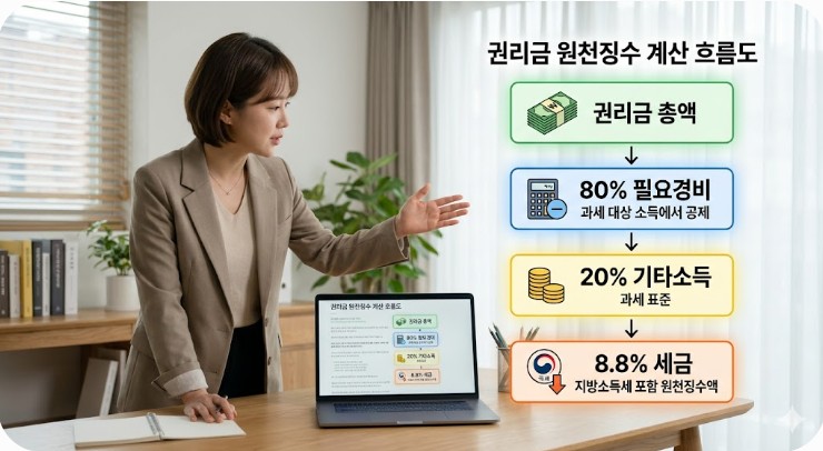 권리금 원천징수 계산 흐름도: 권리금 총액에서 80% 필요경비를 제외하고 20% 기타소득에 대해 8.8% 세금을 원천징수하는 구조 설명