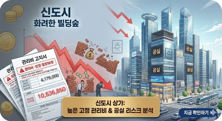 신도시 상가의 높은 고정 관리비 고지서와 공실 리스크를 시각화한 경기 남부 상권분석 자료