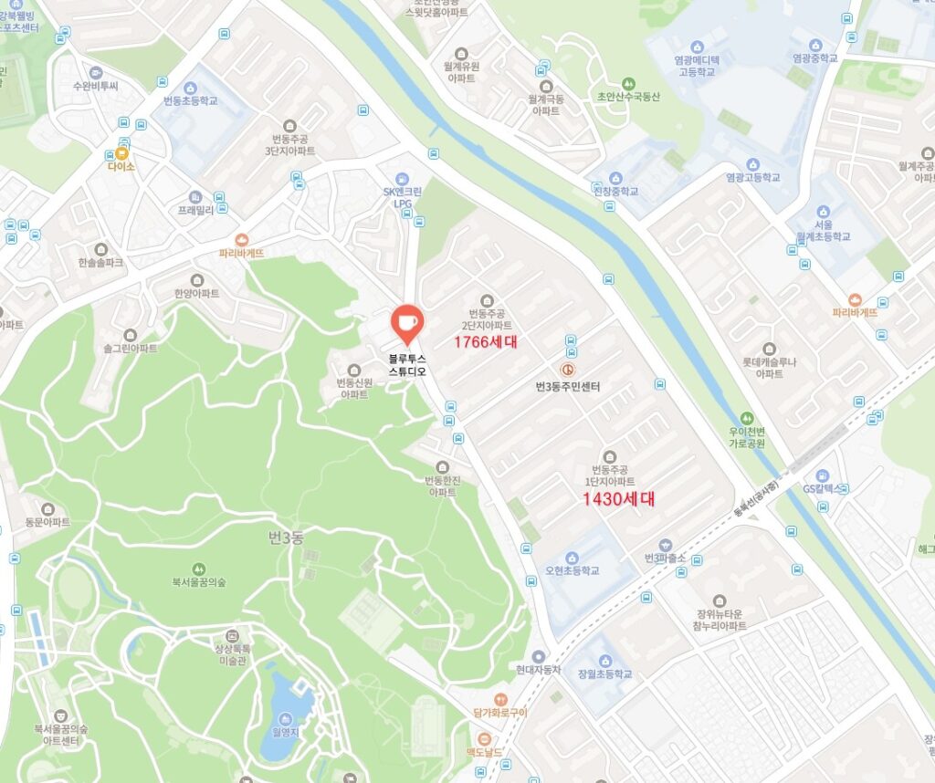 강북구 번동 주공 1단지 및 2단지 배후지 권리금 없는 스터디카페 입지 분석 지도