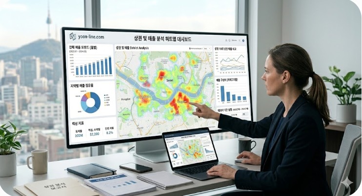 동탄 배달 전문점 창업을 위해 점포라인 윤정림 팀장이 제공하는 데이터 기반 상권 및 매출 분석 히트맵 대시보드 화면