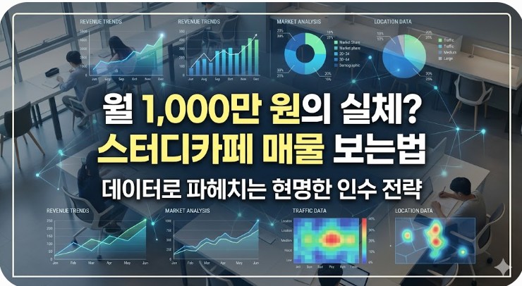 "매출 및 상권 데이터를 분석하여 월 수익 1,000만 원의 실체를 파악하는 스터디카페 매물 보는법을 나타낸 시각적 자료"