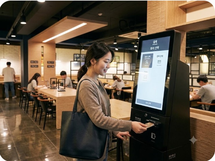 스터디카페에서 무인 키오스크를 사용하여 간편하게 결제하는 고객의 모습