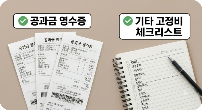 스터디카페 수익 관리를 위해 책상 위에 나열된 '공과금 영수증' 묶음과 다양한 지출 항목이 적힌 '기타 고정비 체크리스트' 공책 및 볼펜 화면