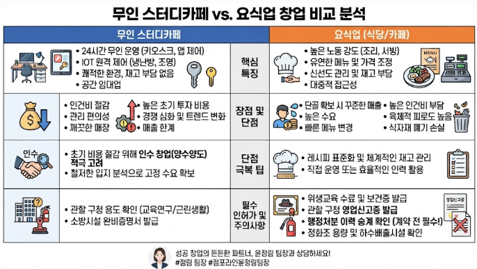 무인 스터디카페와 요식업 창업의 장단점 및 인허가 비교 분석표 (점포라인 윤정림 팀장)