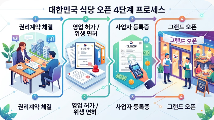 고깃집 양도양수 및 창업 4단계 절차 계약 체결 영업신고증 발급 사업자등록 매장 오픈 안내 인포그래픽 점포라인 윤정림팀장