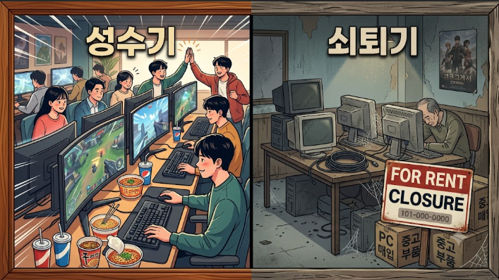 스터디카페 창업실상 분석을 위해 PC방의 활기찬 성수기 모습과 낡은 장비 및 폐업 표지판이 있는 쇠퇴기 모습을 대조한 이미지
