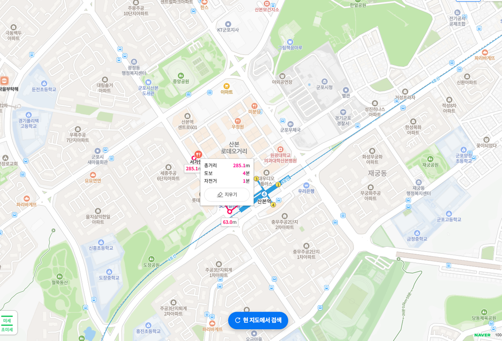산본역 로데오거리 중심상권에 위치한 산본레스토랑 창업 양도양수 매장의 인근 지도 및 교통 입지 조건 안내