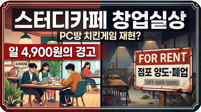 스터디카페 창업실상과 일 4,900원 저가 경쟁, 과거 PC방 치킨게임 재현 및 폐업 리스크를 나타내는 썸네일 이미지